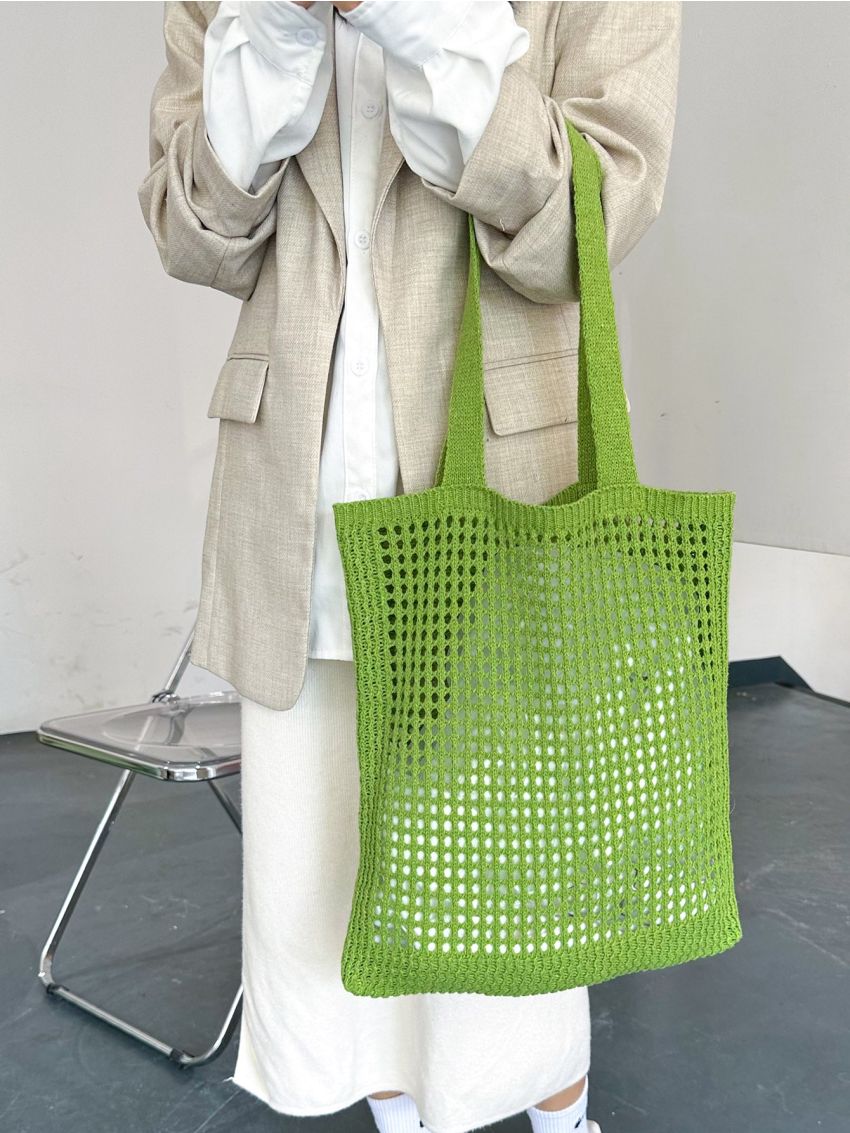 Hollow Out Design Crochet Bag Double Handle For Vacation Travel Women's Casual Tote Single Shoulder Bag, Minimalist Hollow Out Design Crochet Bag, Large Capacity Shopping Bag