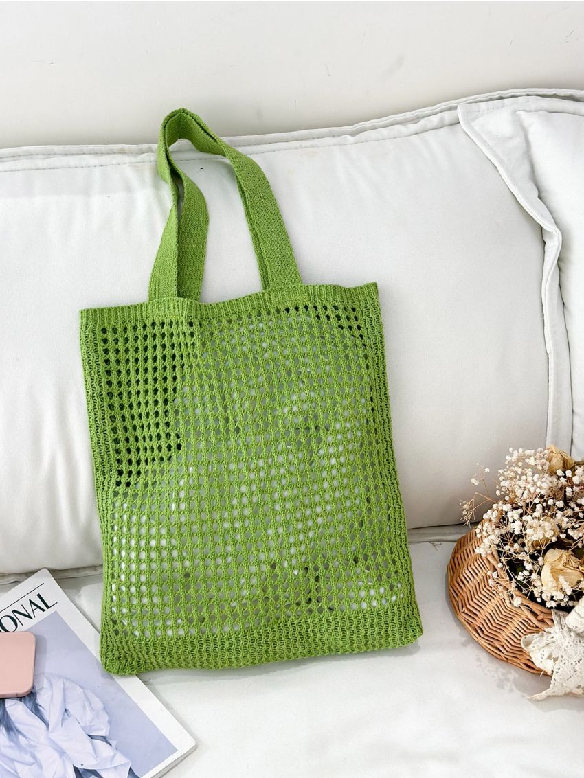 Hollow Out Design Crochet Bag Double Handle For Vacation Travel Women's Casual Tote Single Shoulder Bag, Minimalist Hollow Out Design Crochet Bag, Large Capacity Shopping Bag