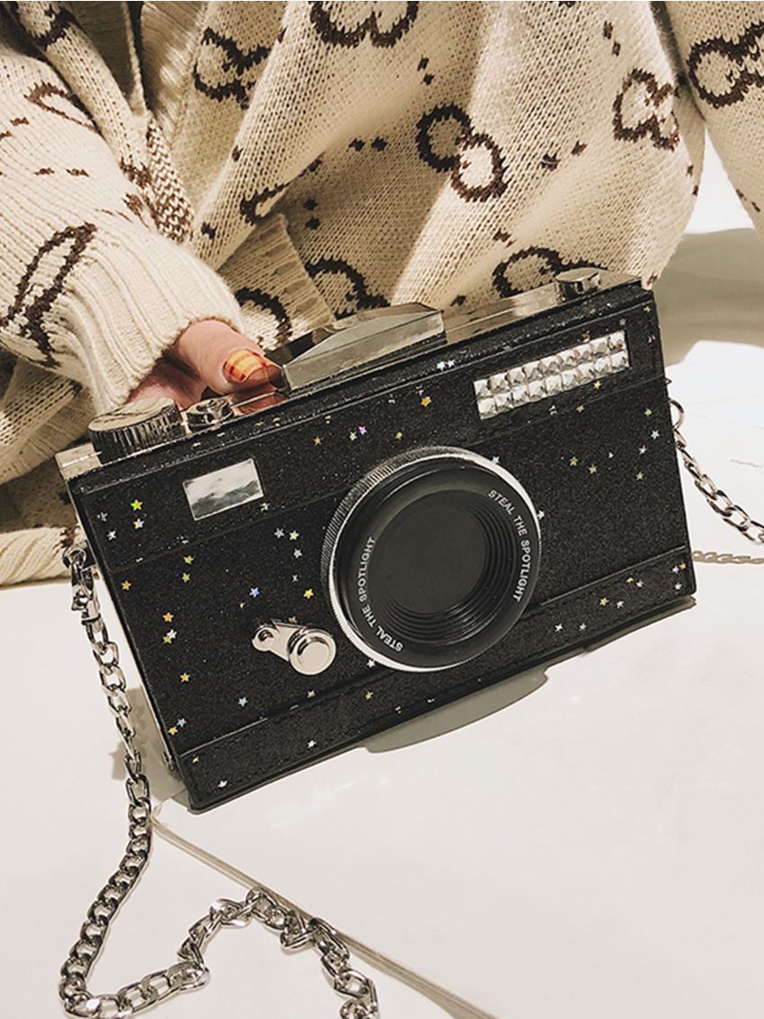 Glitter Camera Shaped Bag, Trendy Chain Crossbody Bag, Mini Prom Purse For Phone Lipstick Camera Design Box Bag Mini Metal Decor For Daily