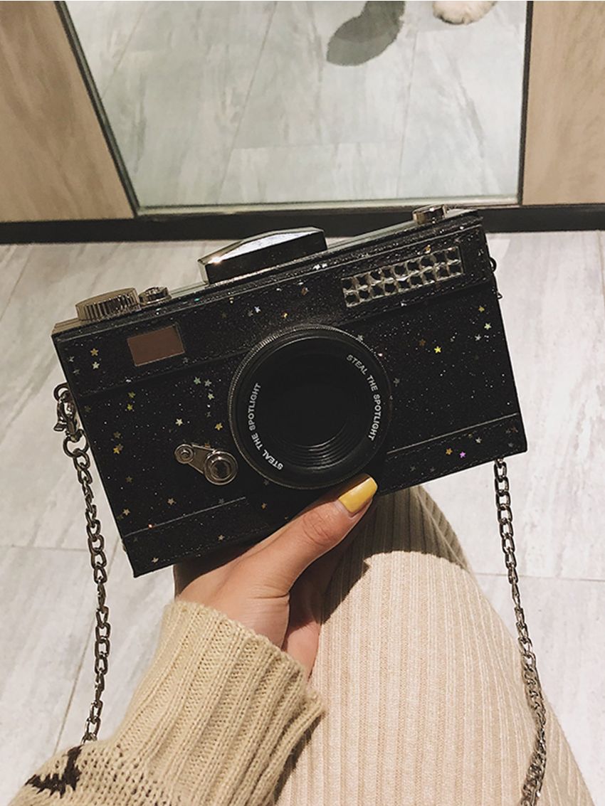 Glitter Camera Shaped Bag, Trendy Chain Crossbody Bag, Mini Prom Purse For Phone Lipstick Camera Design Box Bag Mini Metal Decor For Daily