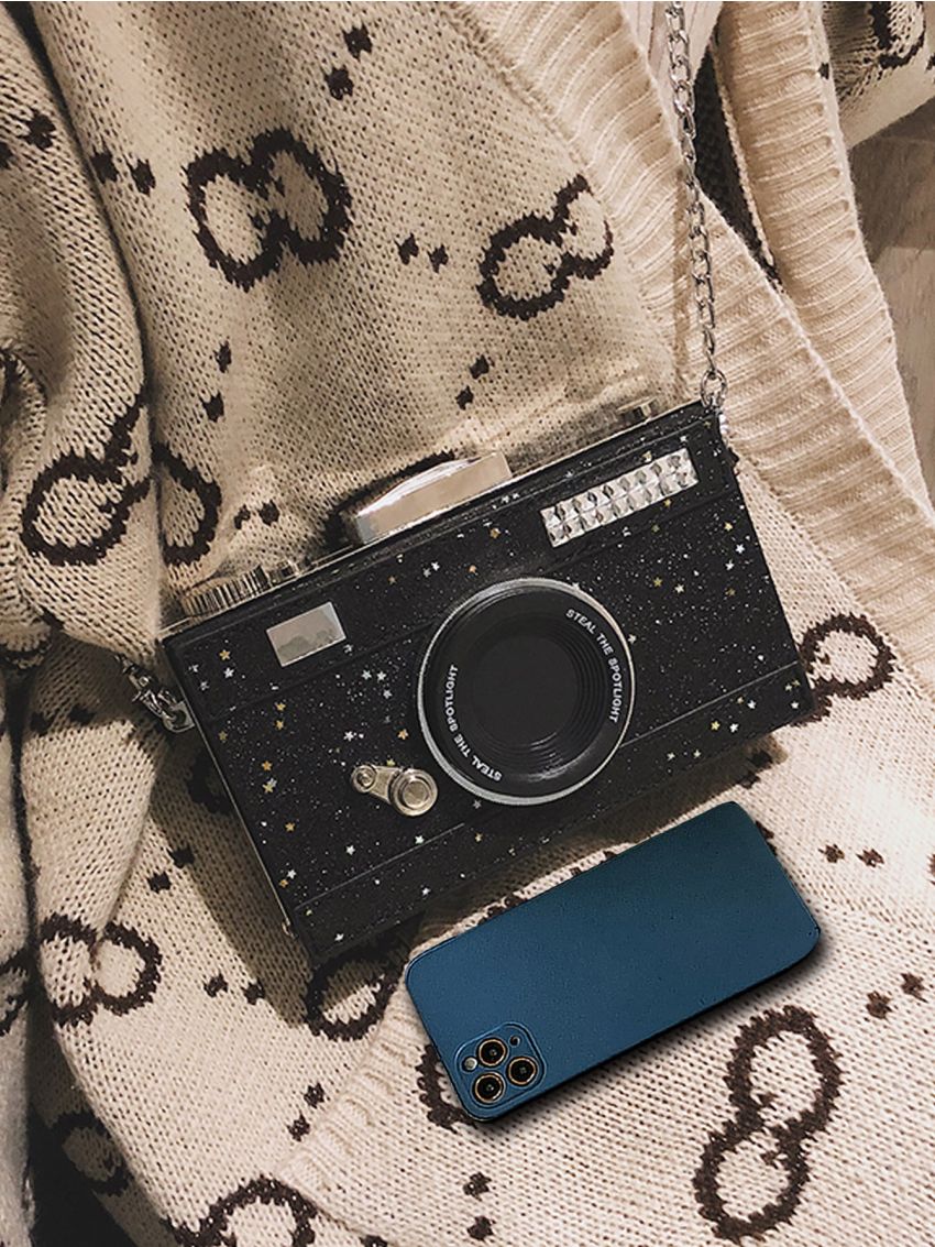 Glitter Camera Shaped Bag, Trendy Chain Crossbody Bag, Mini Prom Purse For Phone Lipstick Camera Design Box Bag Mini Metal Decor For Daily