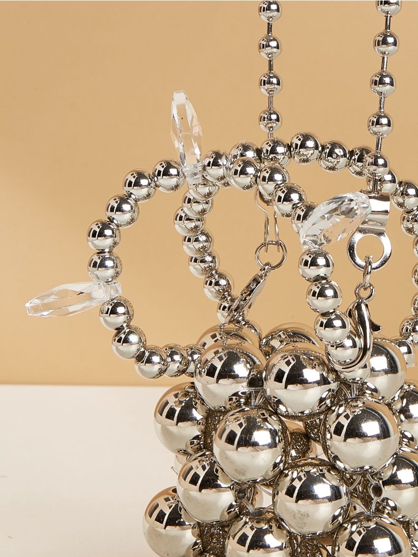 Mini Beaded Square Bag Silver Fashionable Double Handle For Party