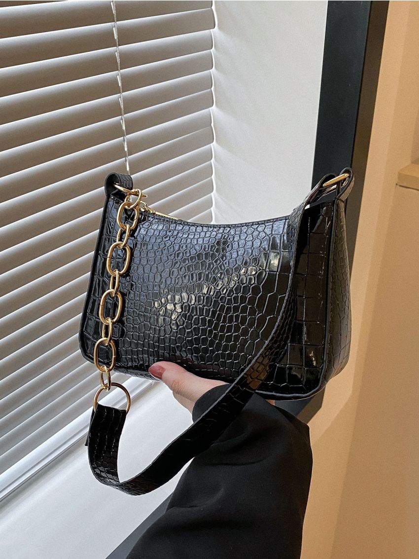Crocodile Embossed Hobo Bag Black Chain Strap For Daily Working