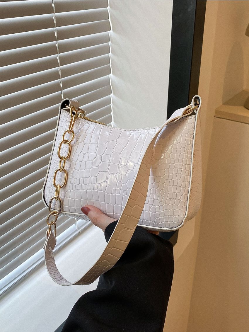 Crocodile Embossed Hobo Bag White Chain Strap For Daily Working