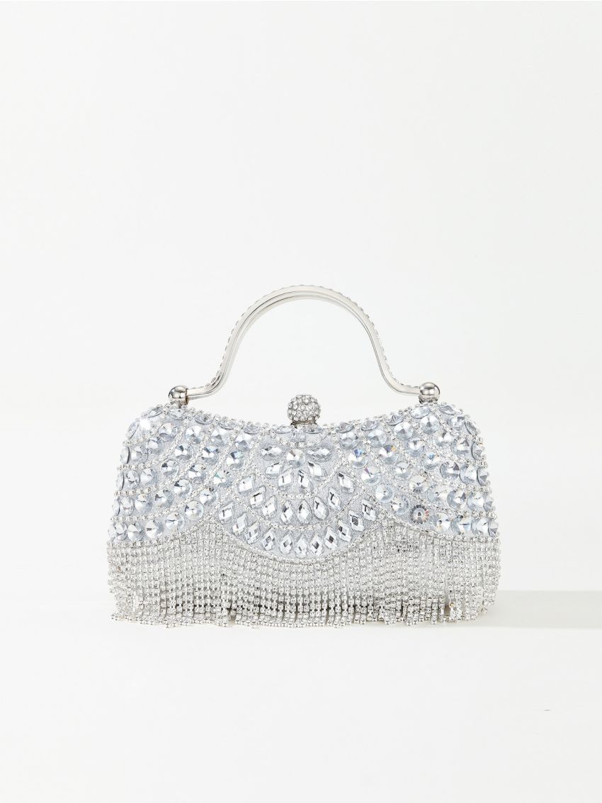 Rhinestone Decor Box Bag Mini Top Handle Silver For Party Prom Wedding, Perfect Bride Purse For Wedding, Prom & Party Events