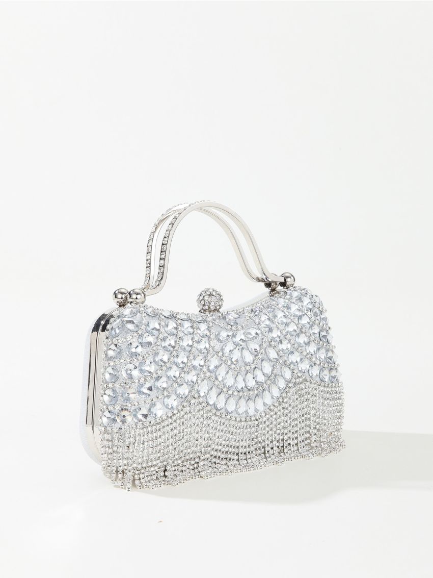 Rhinestone Decor Box Bag Mini Top Handle Silver For Party Prom Wedding, Perfect Bride Purse For Wedding, Prom & Party Events