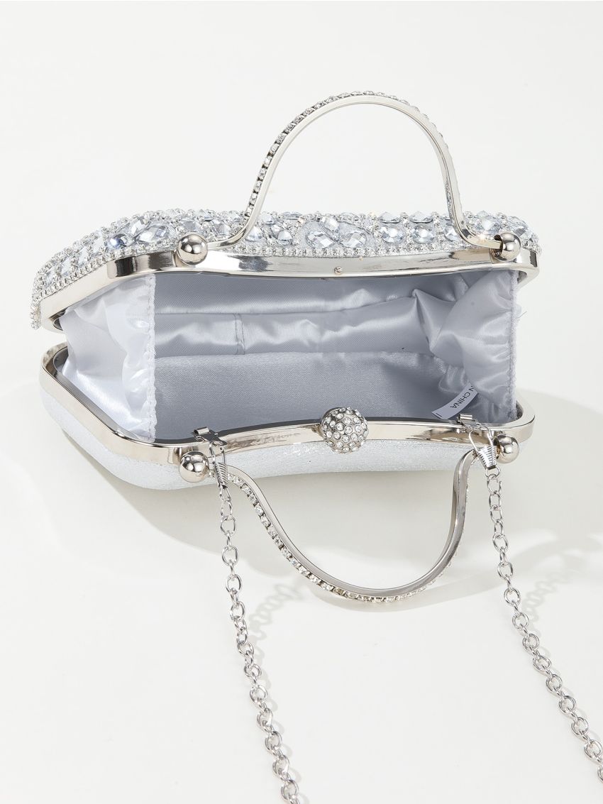 Rhinestone Decor Box Bag Mini Top Handle Silver For Party Prom Wedding, Perfect Bride Purse For Wedding, Prom & Party Events