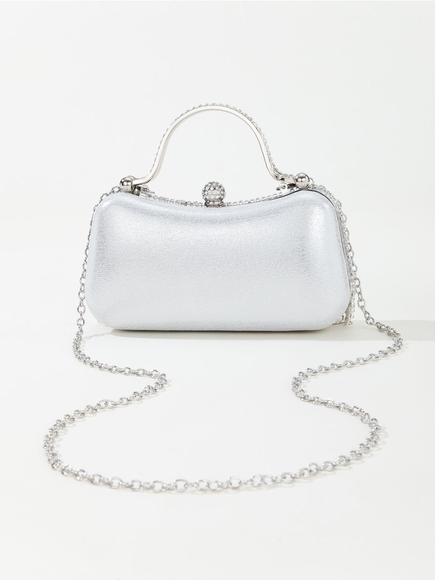 Rhinestone Decor Box Bag Mini Top Handle Silver For Party Prom Wedding, Perfect Bride Purse For Wedding, Prom & Party Events