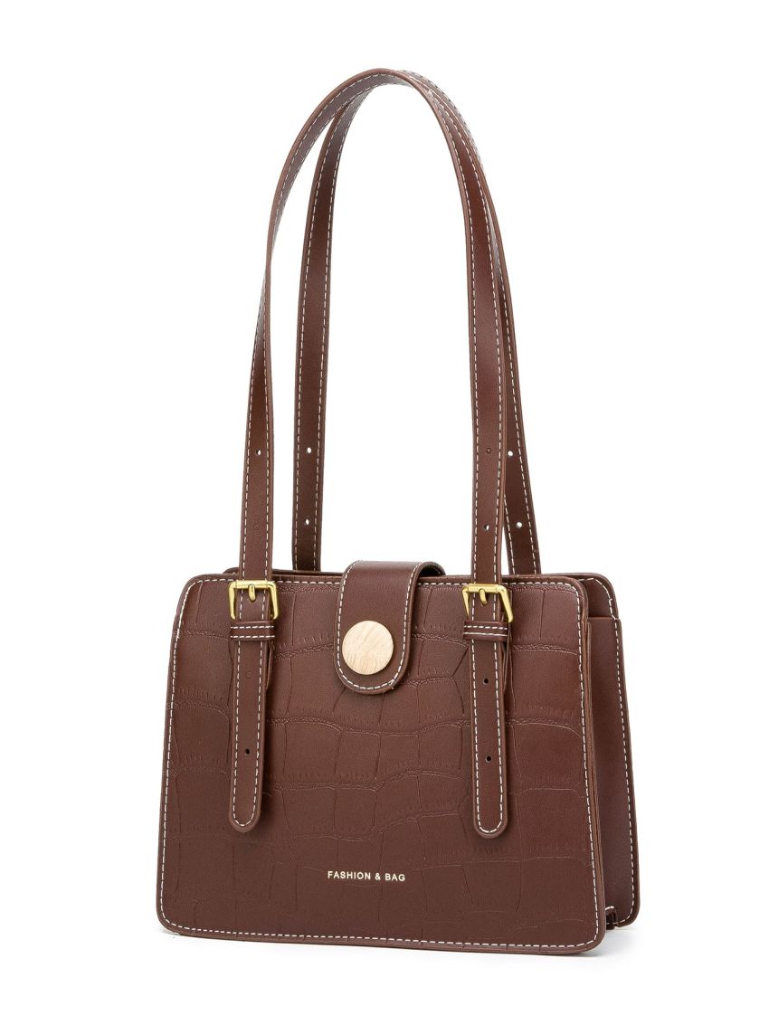 Crocodile Embossed Square Bag Snap Button Vintage For Work