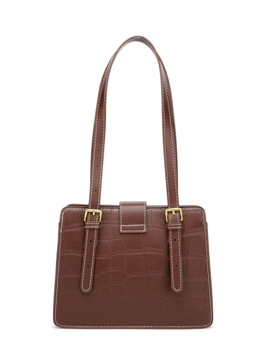 Crocodile Embossed Square Bag Snap Button Vintage For Work