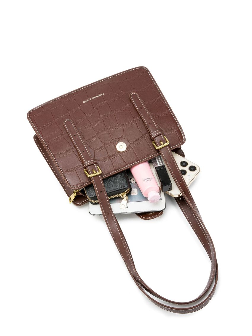 Crocodile Embossed Square Bag Snap Button Vintage For Work