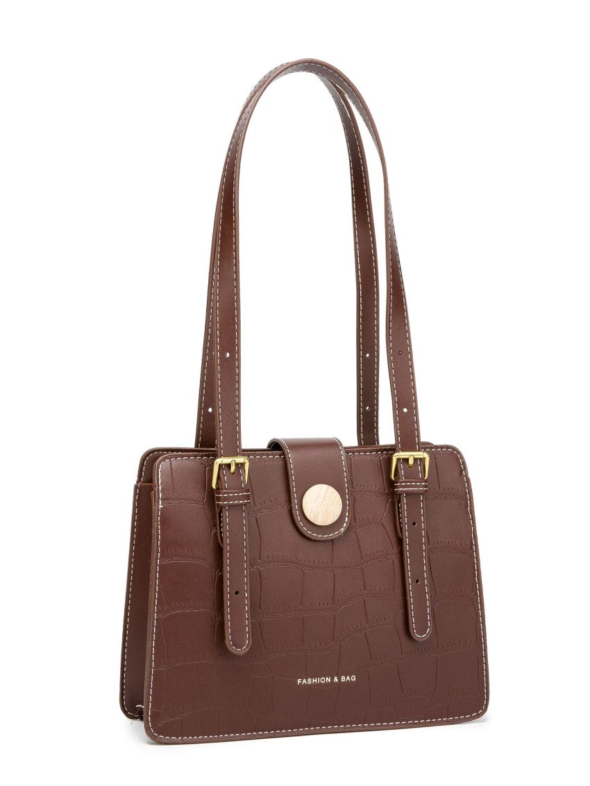 Crocodile Embossed Square Bag Snap Button Vintage For Work