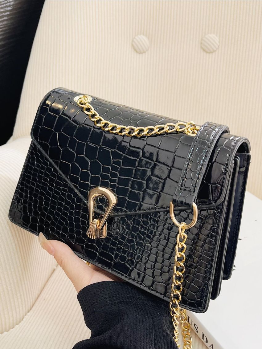 Crocodile Embossed Square Bag Metal Lock For Work Office