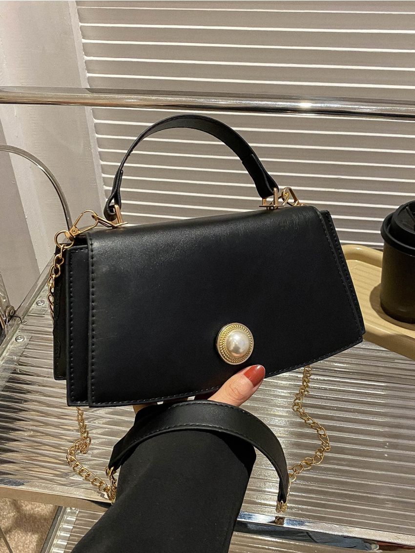 Small Square Bag Black Elegant Faux Pearl Decor For Daily