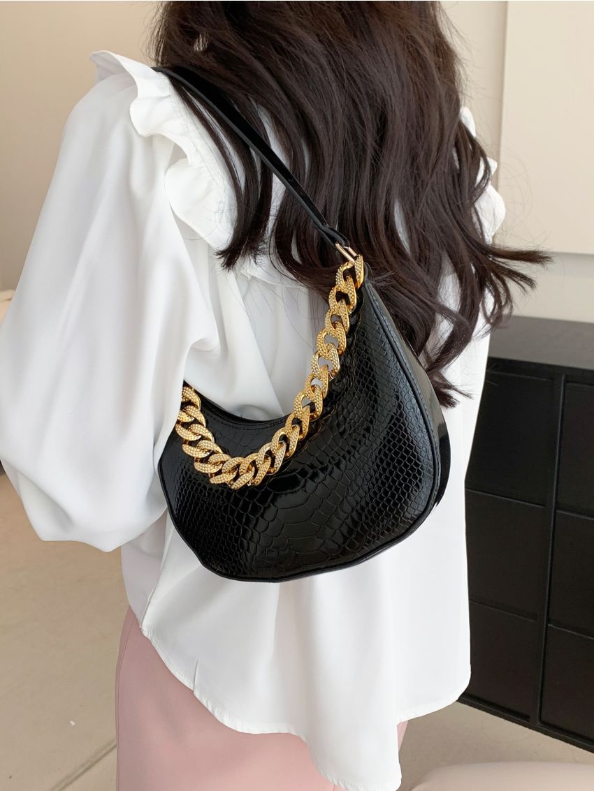 Small Hobo Bag Crocodile Embossed Chain Decor Top Handle