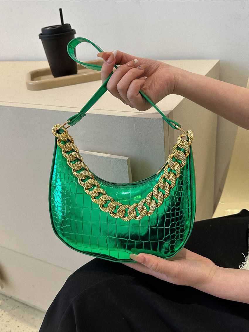 Crocodile Embossed Hobo Bag Metallic Chain PU For Daily Life