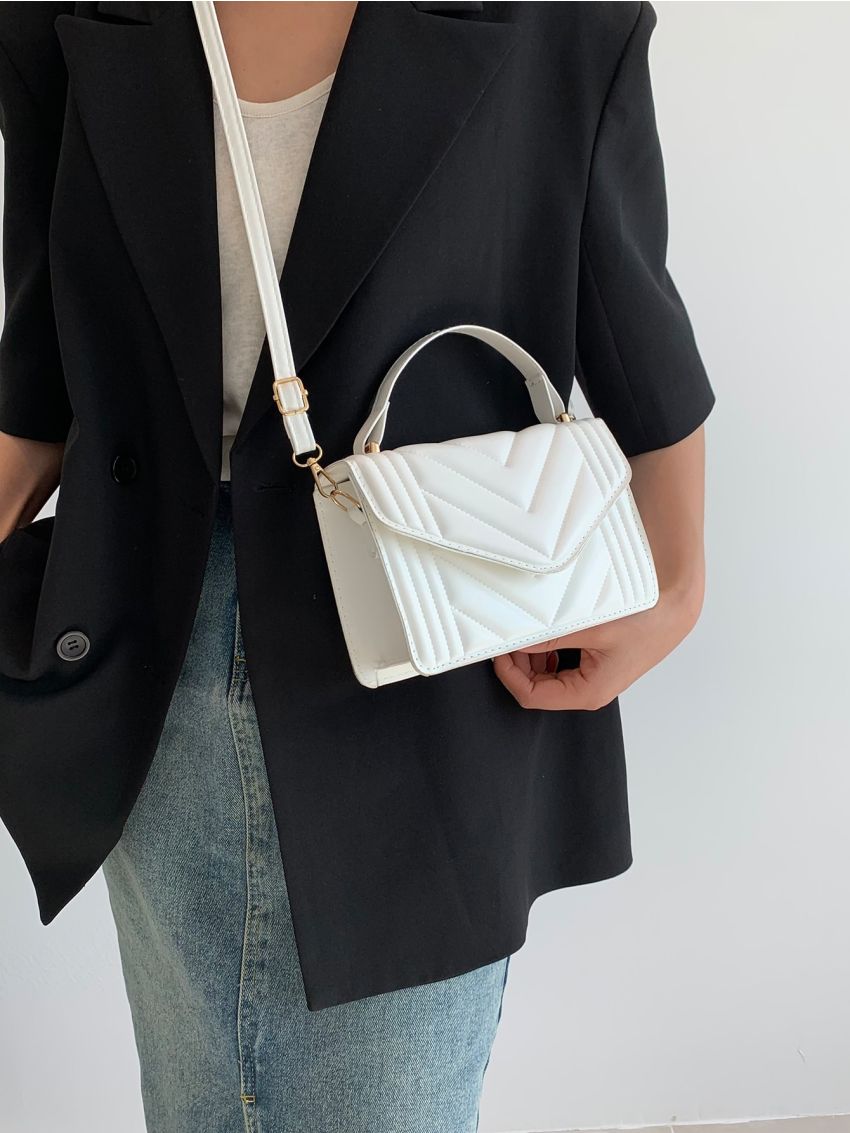 Chevron Square Bag Flap Small Mini White