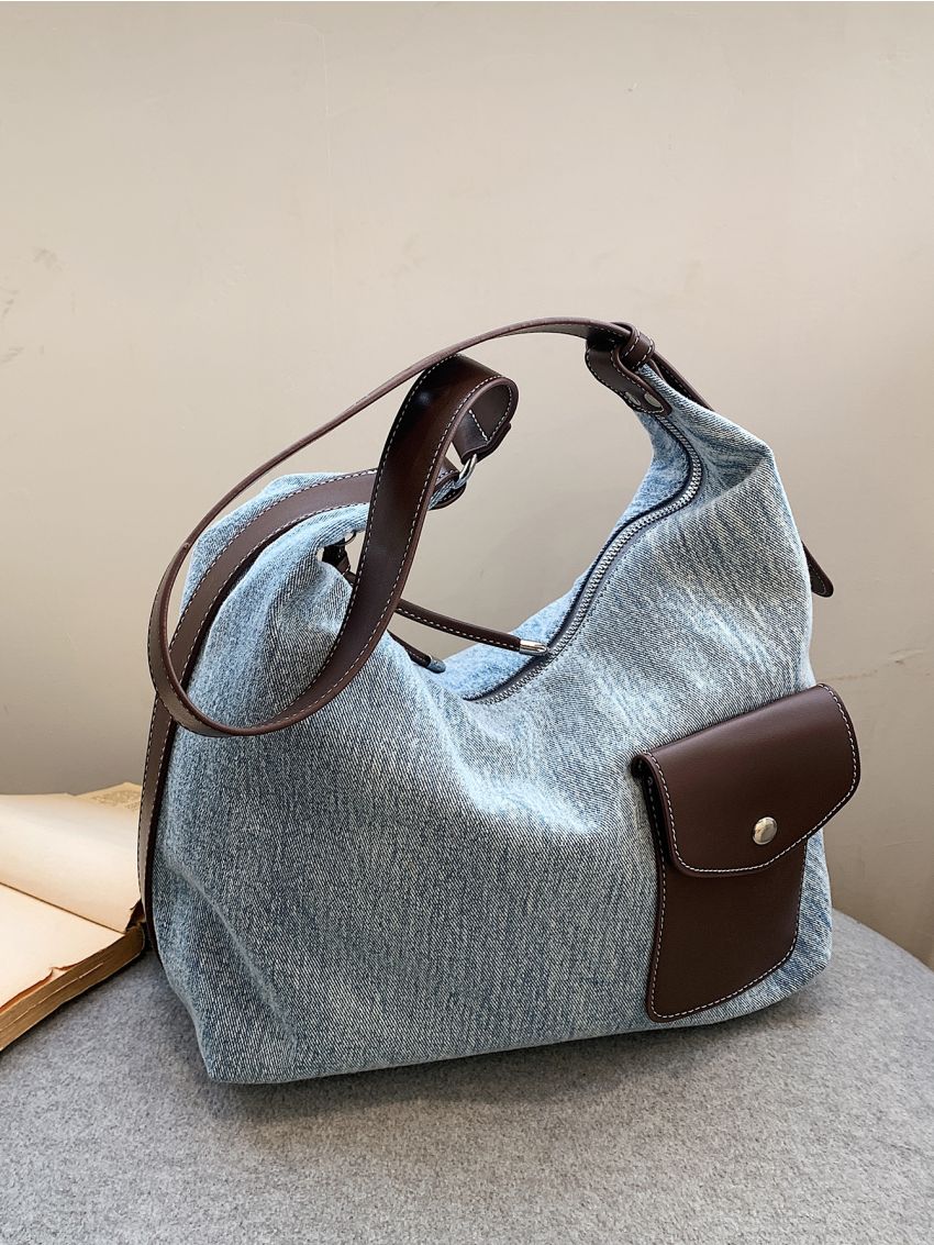 Pocket Decor Hobo Bag Denim Preppy For School