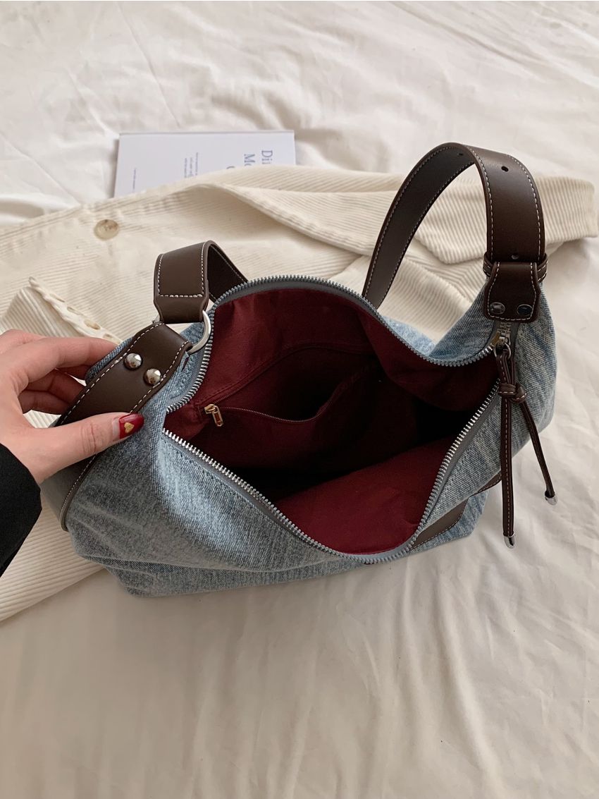 Pocket Decor Hobo Bag Denim Preppy For School