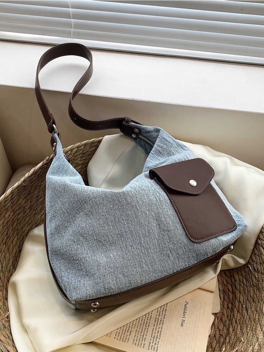 Pocket Decor Hobo Bag Denim Preppy For School