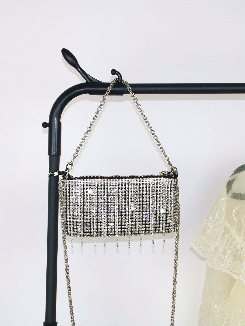 Rhinestone & Fringe Decor Square Bag Mini For Party Wedding Prom
