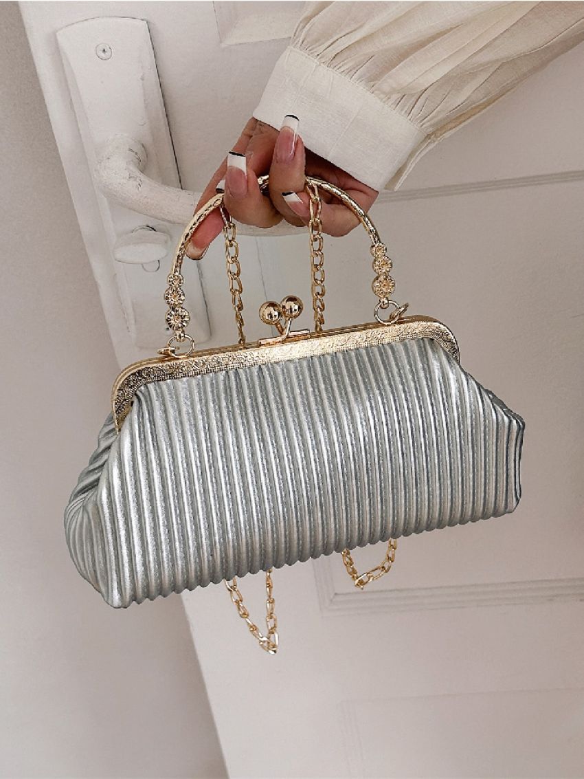 Silver Square Bag Pleated Detail Metal Decor For Party