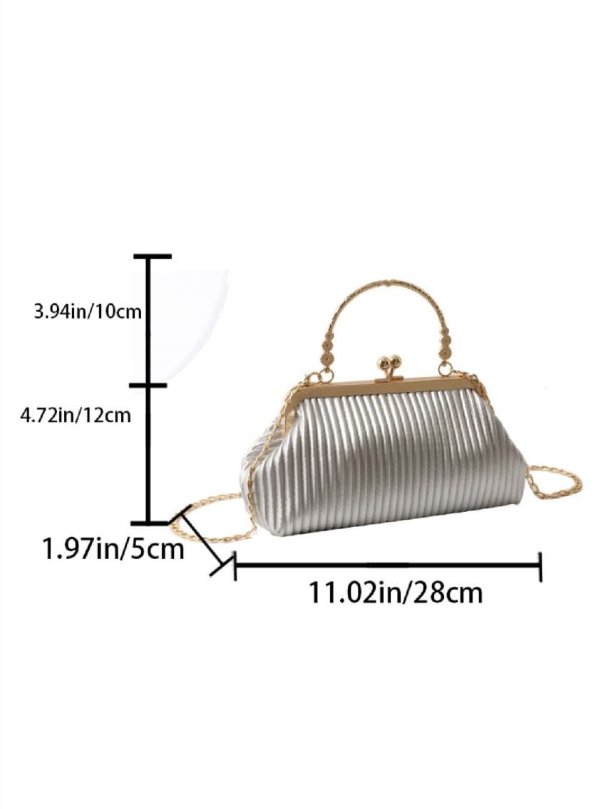Silver Square Bag Pleated Detail Metal Decor For Party