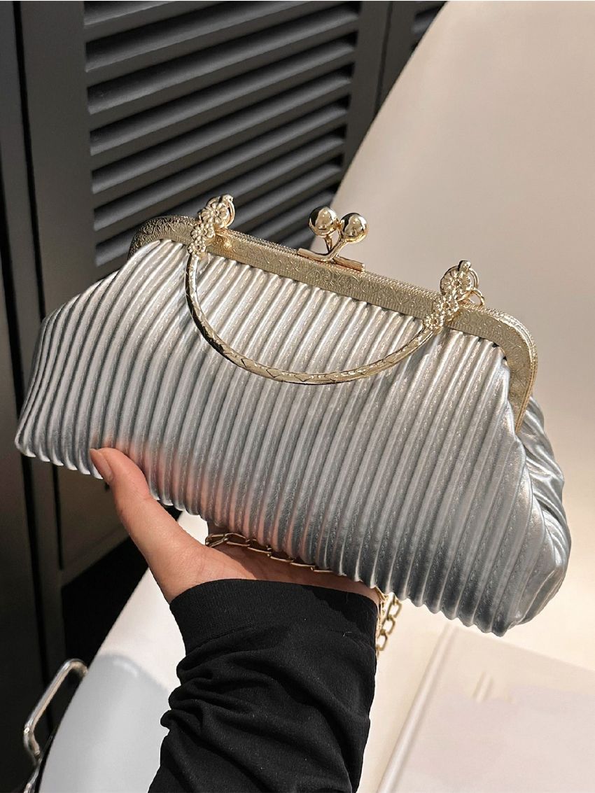 Silver Square Bag Pleated Detail Metal Decor For Party