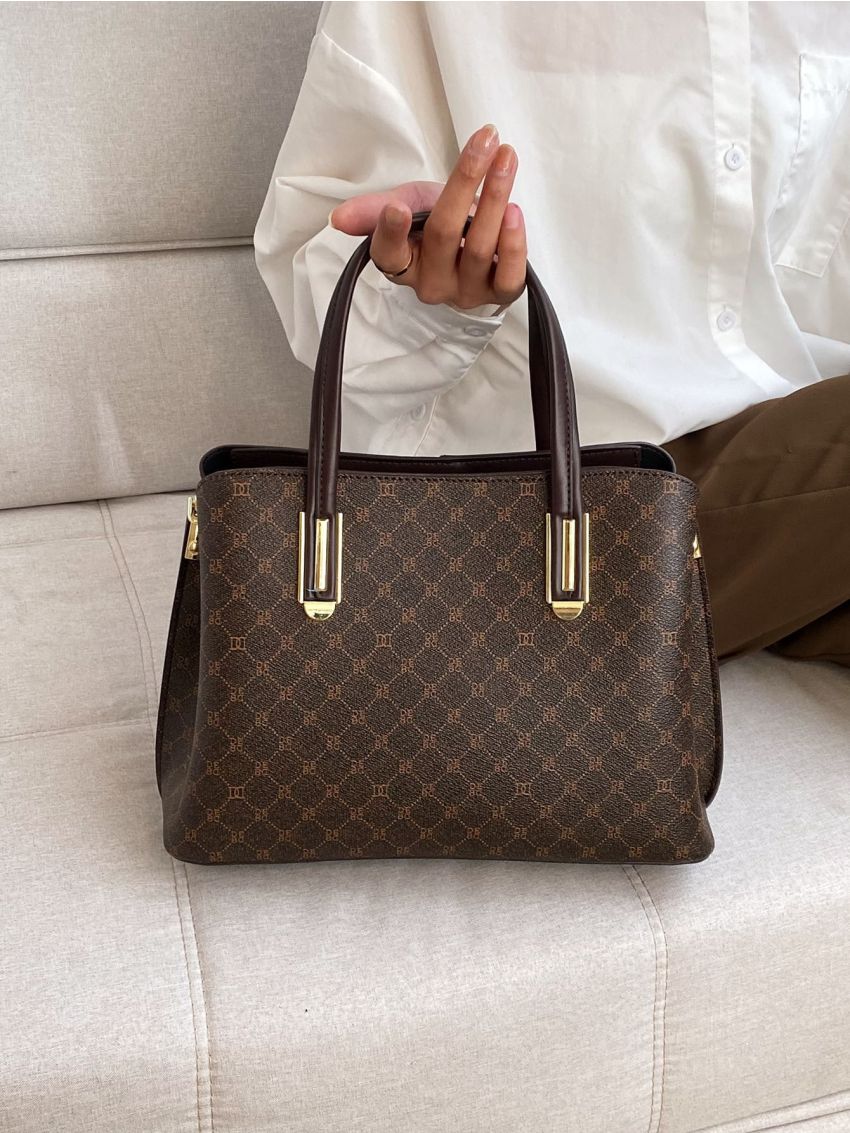 All Over Print Square Bag Brown Elegant Double Handle For Work