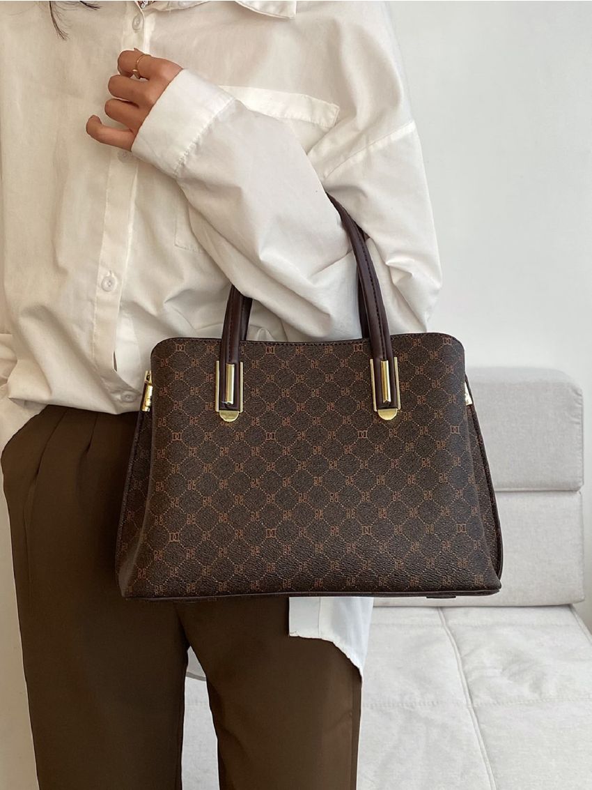 All Over Print Square Bag Brown Elegant Double Handle For Work