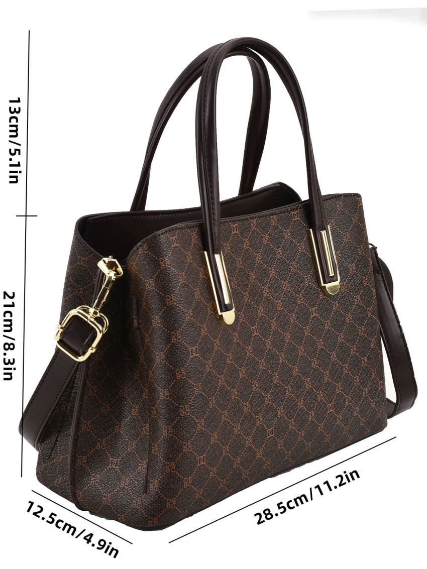 All Over Print Square Bag Brown Elegant Double Handle For Work