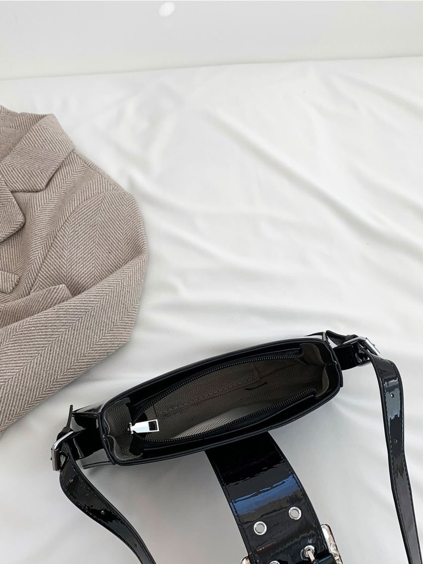 Metallic Baguette Bag Eyelet & Buckle Decor PU Funky For Daily Life