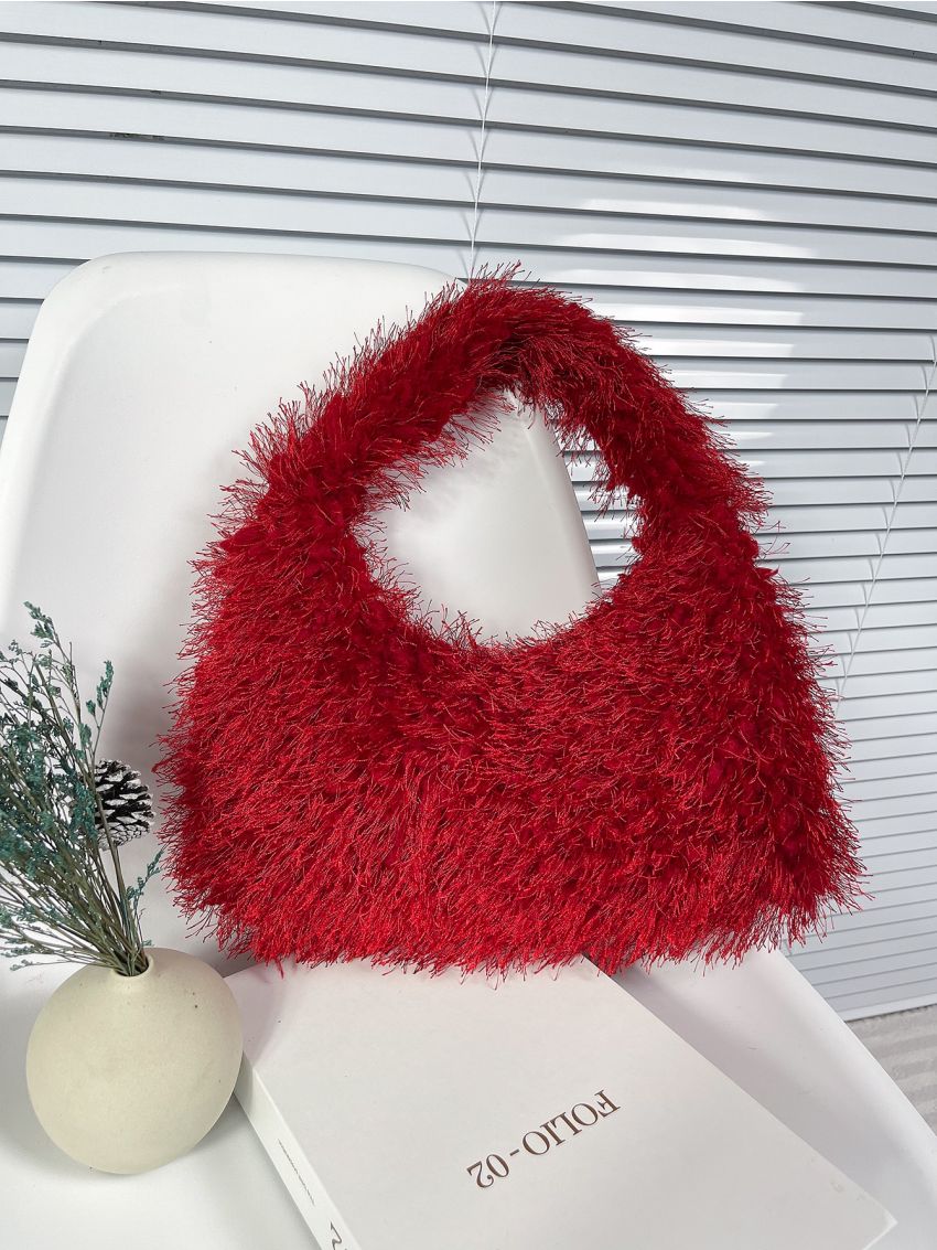 Red Fluffy Hobo Bag for Women