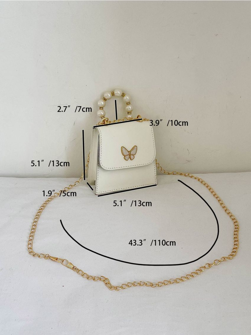 Mini Square Bag Green Butterfly & Faux Pearl Beaded Decor Chain Strap For Summer