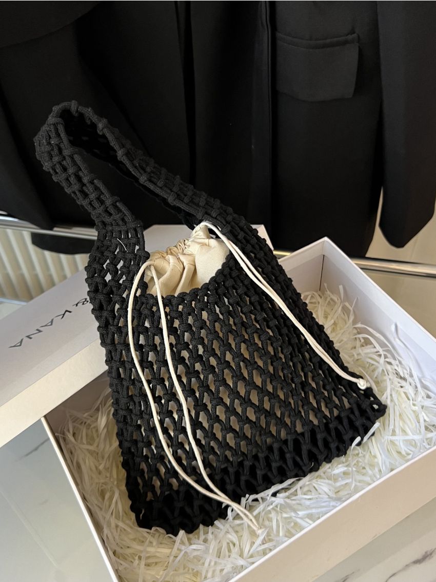 Hollow Out Crochet Bag Black Top Handle With Drawstring Inner Pouch For Vacation