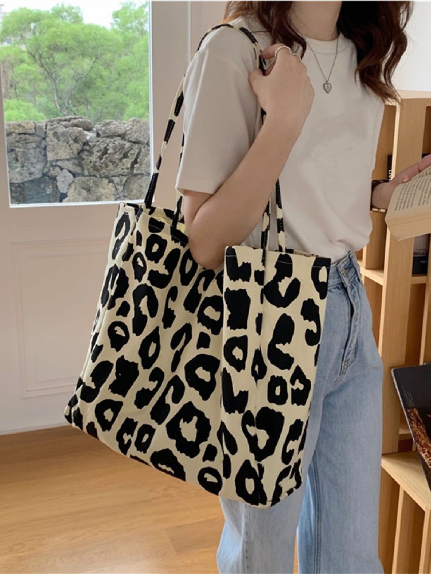 Large Leopard Print Shopper Bag Fashionable Double Handle For Shopping Leopard Pattern Canvas Tote Bag, Trendy Women's Large Capacity Shoulder Shopper Purse, Large Capacity Tote Bag For Work And Travel