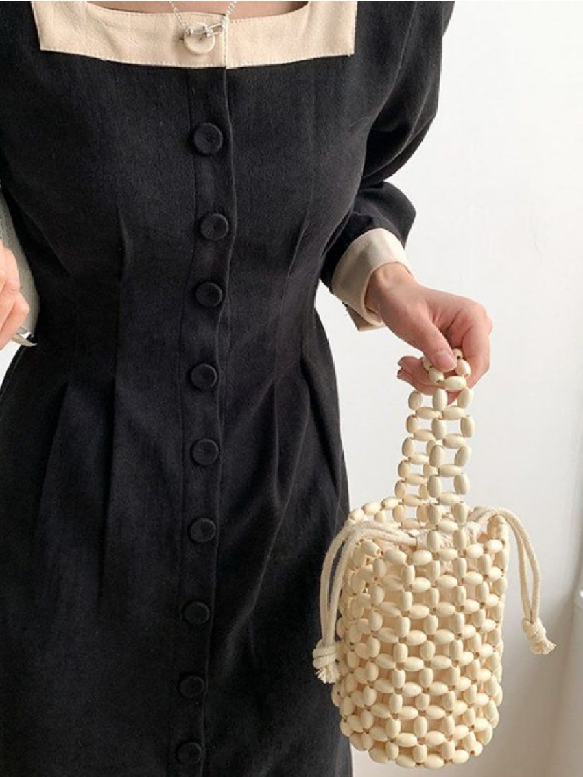 Mini Vacation Satchel Bag With Inner Pouch Bead Decor Hollow Out Bamboo For Daily