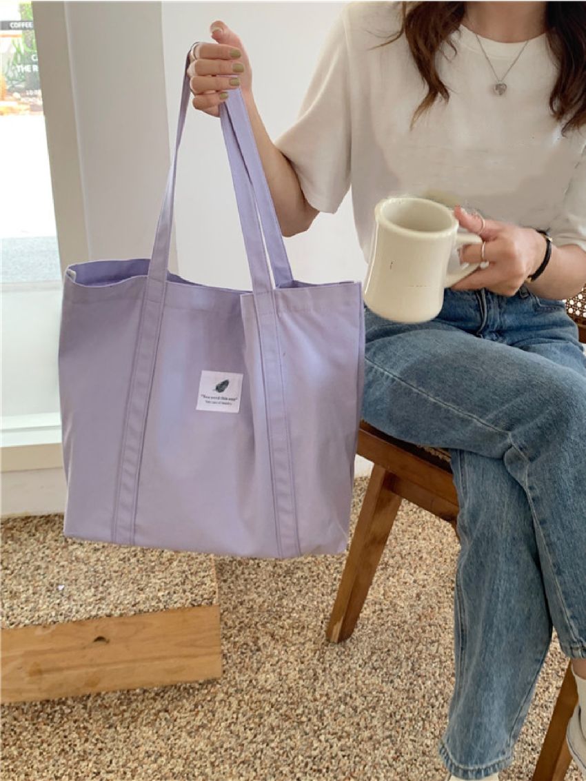 Patch Detail Shopper Bag Purple Preppy For Daily Life