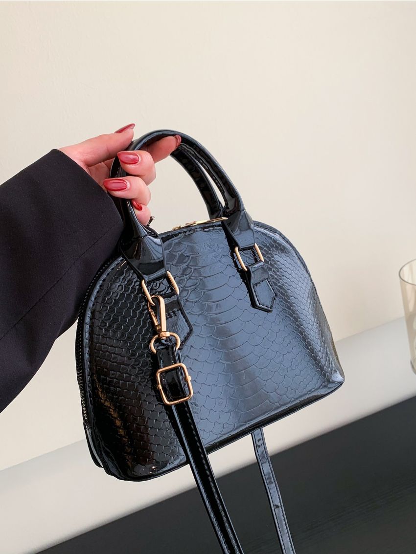 Snakeskin Embossed Dome Bag Double Handle Elegant For Daily Life
