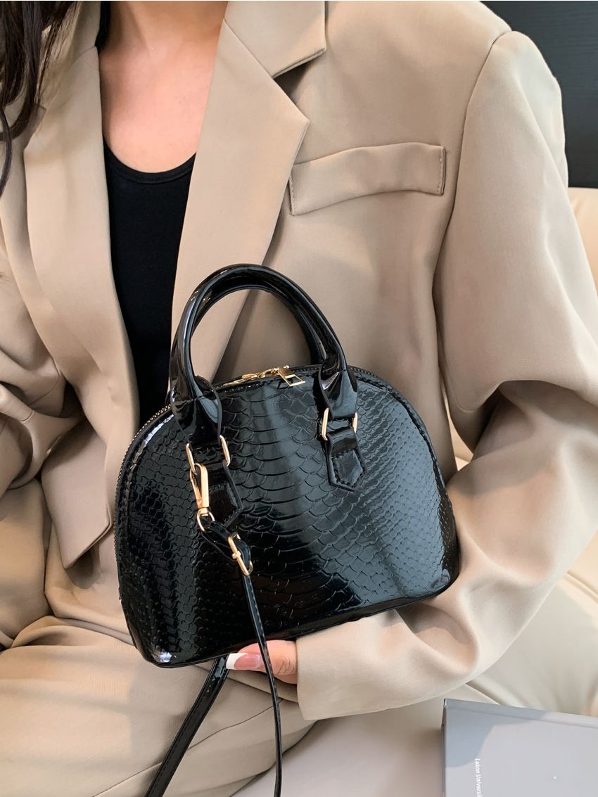 Snakeskin Embossed Dome Bag Double Handle Elegant For Daily Life