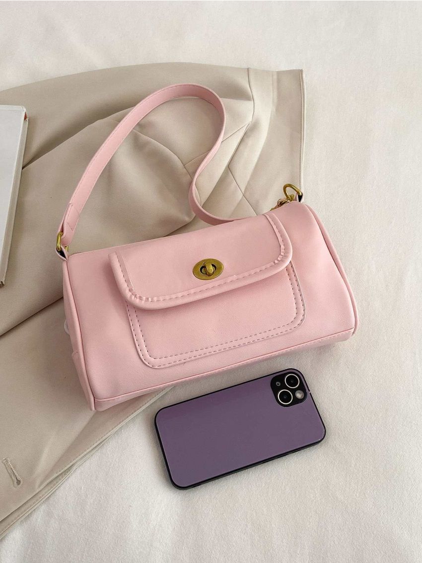 Pink Shoulder Bag With Flap Pocket Twist Lock Fashionable For Daily PU