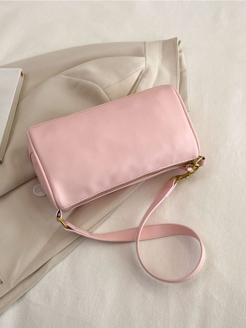Pink Shoulder Bag With Flap Pocket Twist Lock Fashionable For Daily PU