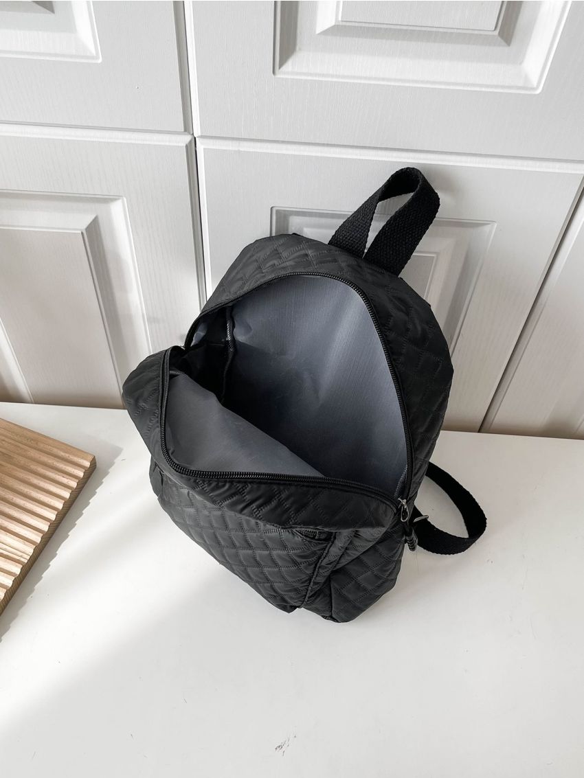 Quilted Classic Backpack Zip Front Black For Daily Life