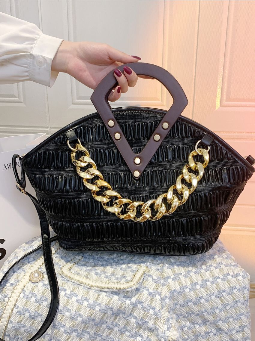 Chain Decor Top Handle Bag Ruched PU Black For Daily Life