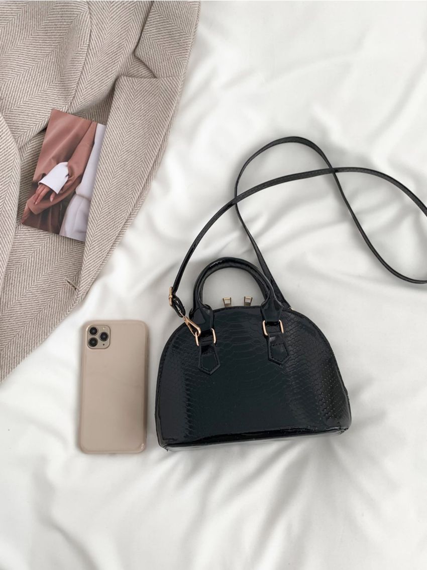 Snakeskin Embossed Dome Bag Double Handle Elegant For Daily Life