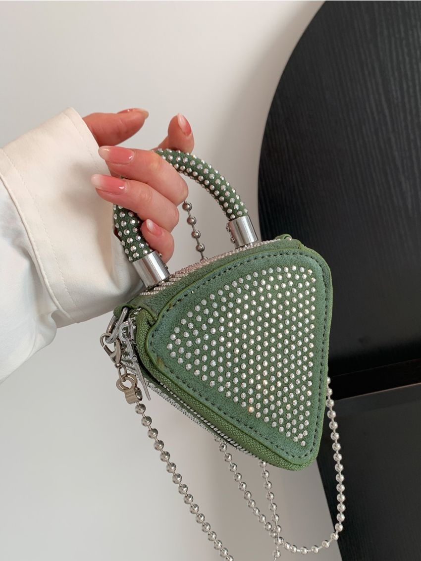 Mini Rhinestone Decor Novelty Bag Triangle Design Chain PU For Party