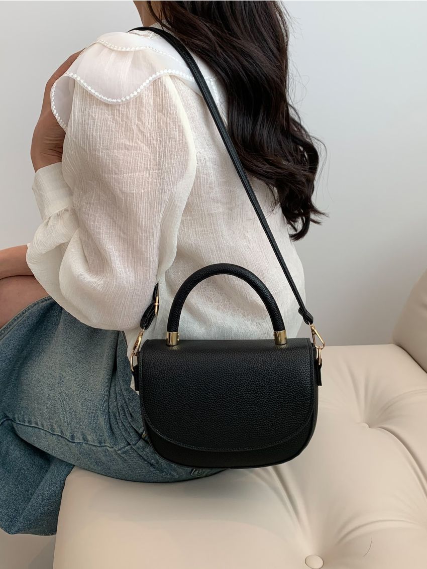 Mini Black Litchi Embossed Saddle Bag Solid Flap With Adjustable-strap For Daily Life