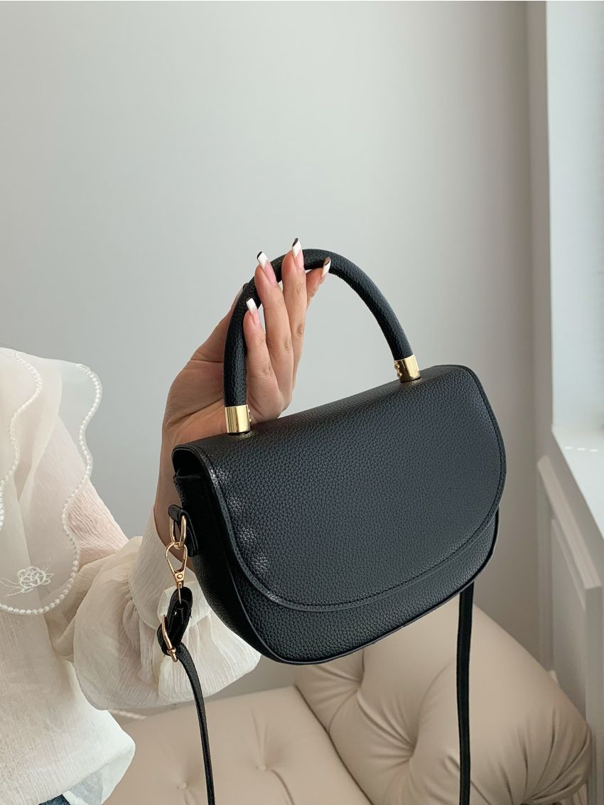 Mini Black Litchi Embossed Saddle Bag Solid Flap With Adjustable-strap For Daily Life