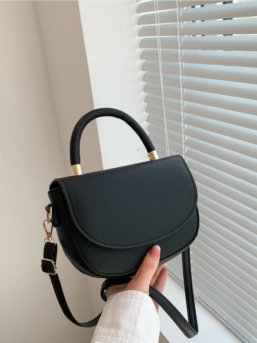 Mini Black Litchi Embossed Saddle Bag Solid Flap With Adjustable-strap For Daily Life