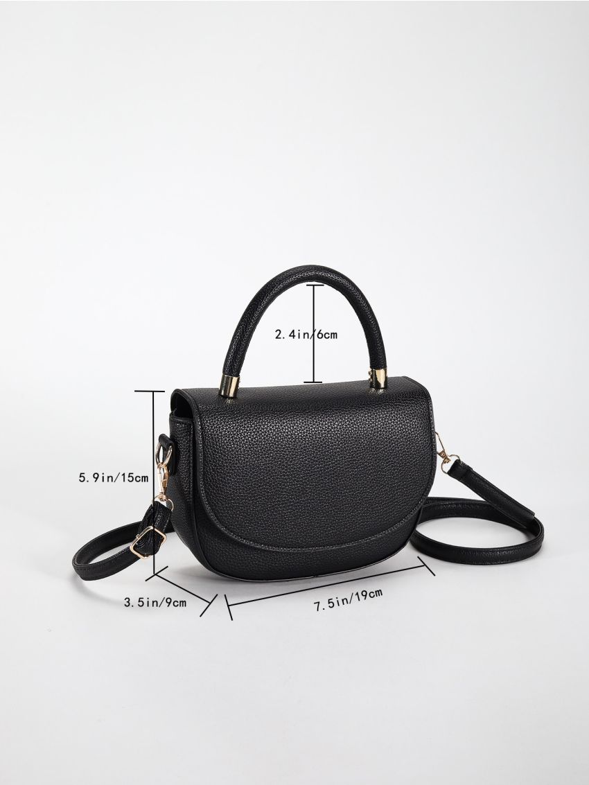 Mini Black Litchi Embossed Saddle Bag Solid Flap With Adjustable-strap For Daily Life